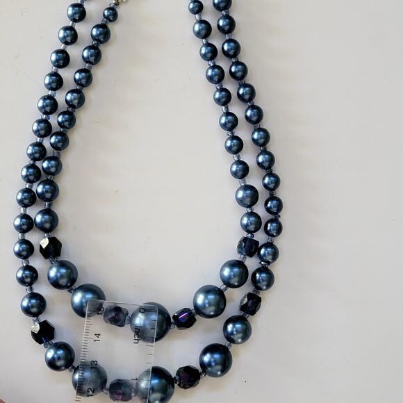 Elegant Vintage Navy Blue Faux Pearl Beaded Necklace Silver Made in Japan - Picture 5 of 10